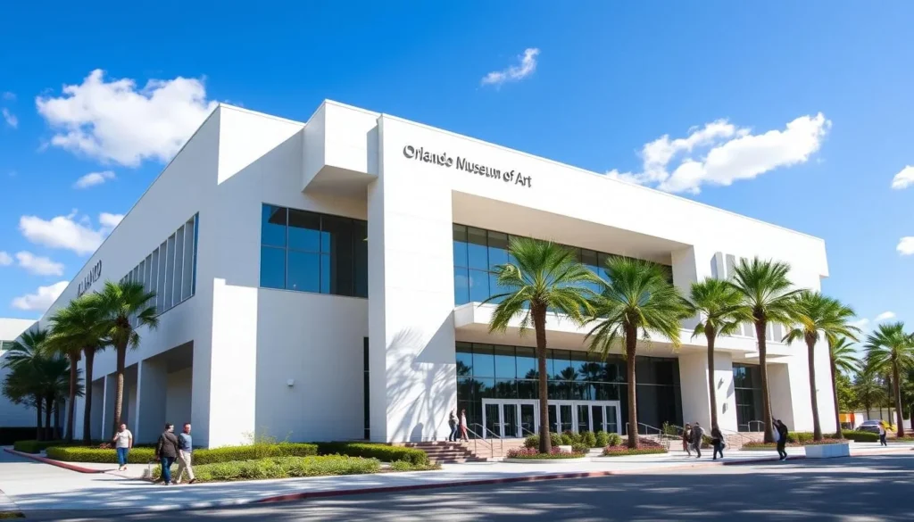 Orlando Museum of Art exterior with modern architecture and visitors entering on a sunny day Orlando Museum of Art exterior with modern architecture and visitors entering on a sunny day