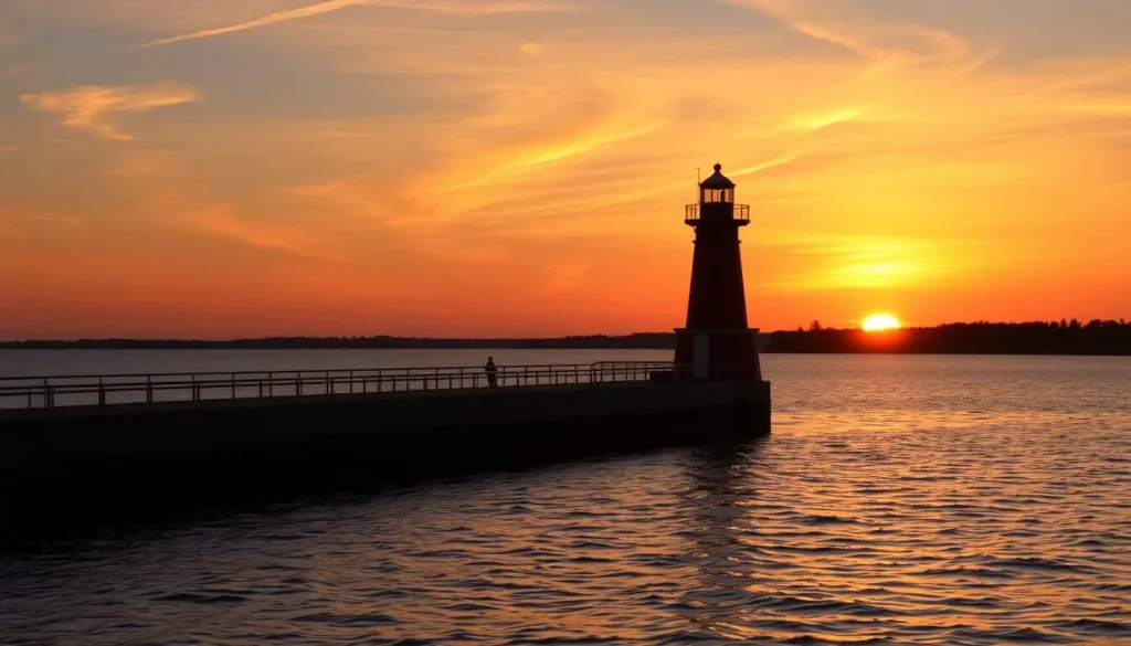 Oswego Harbor lighthouse at sunset in Oswego County, New York Oswego Harbor lighthouse at sunset in Oswego County, New York