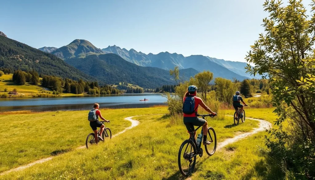 Outdoor activities in Zug: a sun-dappled meadow, hikers traversing a winding trail, kayakers gliding across a tranquil lake, cyclists weaving through lush greenery. In the background, the majestic Zugerberg mountain range rises, its peaks bathed in warm, golden light. The scene radiates a sense of serene adventure, inviting the viewer to immerse themselves in the natural splendor of this Swiss gem. Crisp, high-resolution detail captures the vibrant colors and textures of the landscape, while a wide-angle lens provides a sweeping, panoramic view. The overall atmosphere is one of peaceful recreation, where the simple pleasures of the outdoors take center stage.