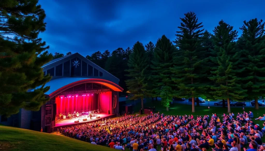 Outdoor concert at Saratoga Performing Arts Center with crowd on the lawn Outdoor concert at Saratoga Performing Arts Center with crowd on the lawn