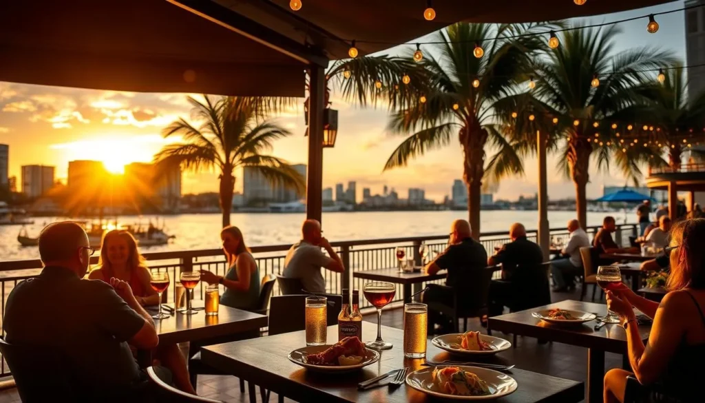 Outdoor dining along the Tampa Riverwalk with waterfront views at sunset Outdoor dining along the Tampa Riverwalk with waterfront views at sunset