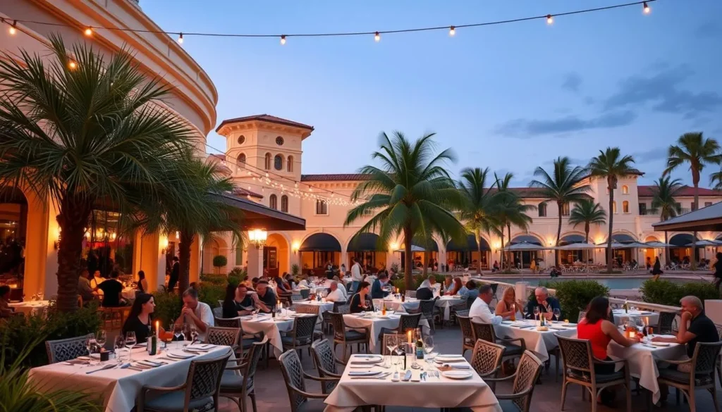 Outdoor dining at St. Armands Circle in Sarasota with palm trees and evening ambiance Outdoor dining at St. Armands Circle in Sarasota with palm trees and evening ambiance