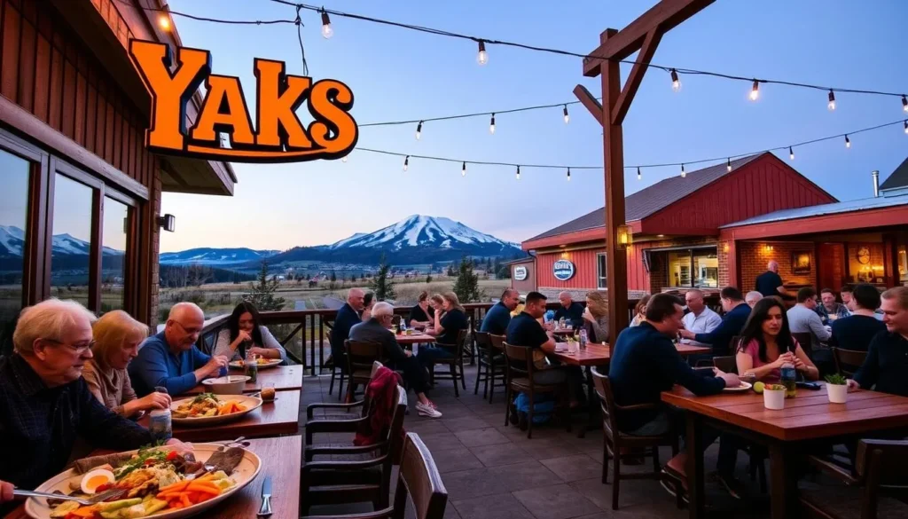 Outdoor dining at Yaks restaurant with mountain views in Mount Shasta, Shasta County California Outdoor dining at Yaks restaurant with mountain views in Mount Shasta, Shasta County California