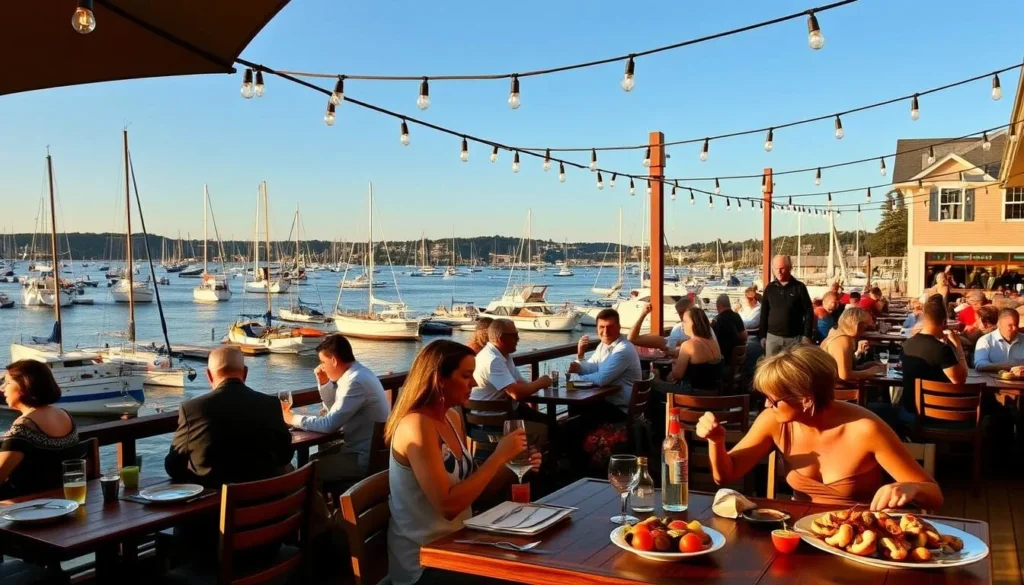 Outdoor dining at a Casco Bay restaurant with harbor views and boats Outdoor dining at a Casco Bay restaurant with harbor views and boats