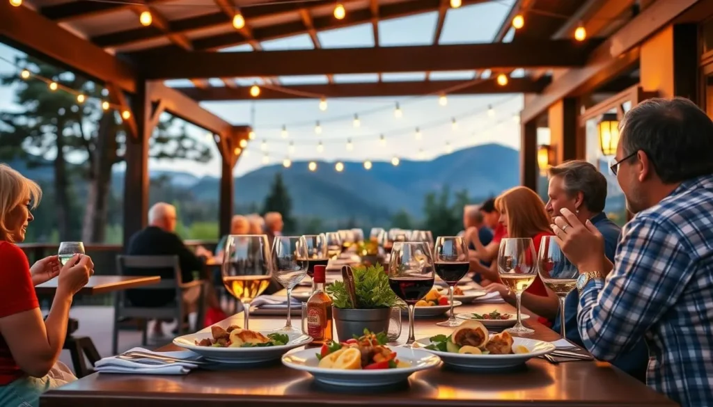 Outdoor dining at a Tuolumne County restaurant with mountain views and local cuisine Outdoor dining at a Tuolumne County restaurant with mountain views and local cuisine