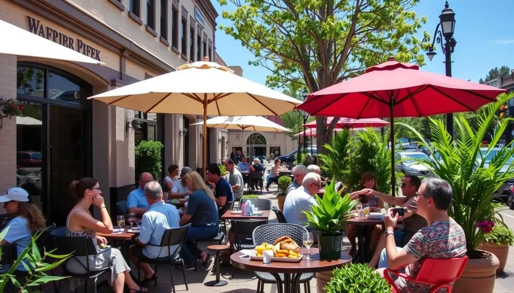 Outdoor dining at a restaurant in downtown Walnut Creek, Contra Costa County with people enjoying meals on a sunny day Outdoor dining at a restaurant in downtown Walnut Creek, Contra Costa County with people enjoying meals on a sunny day