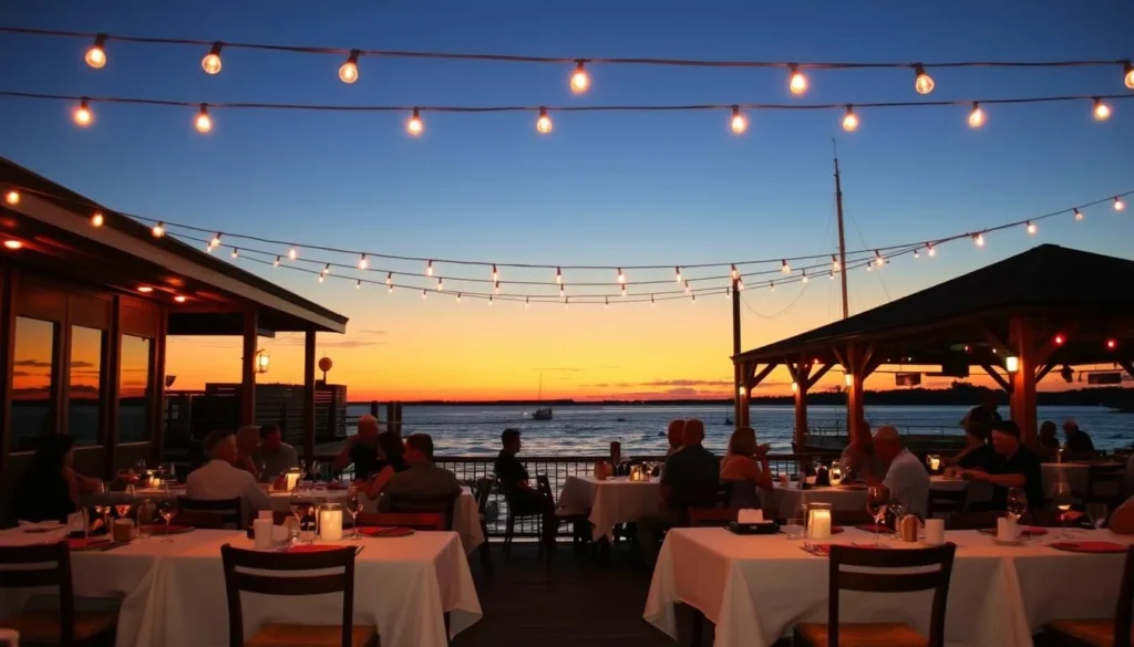 Outdoor dining at a waterfront restaurant in Bay Saint Louis with sunset view Outdoor dining at a waterfront restaurant in Bay Saint Louis with sunset view