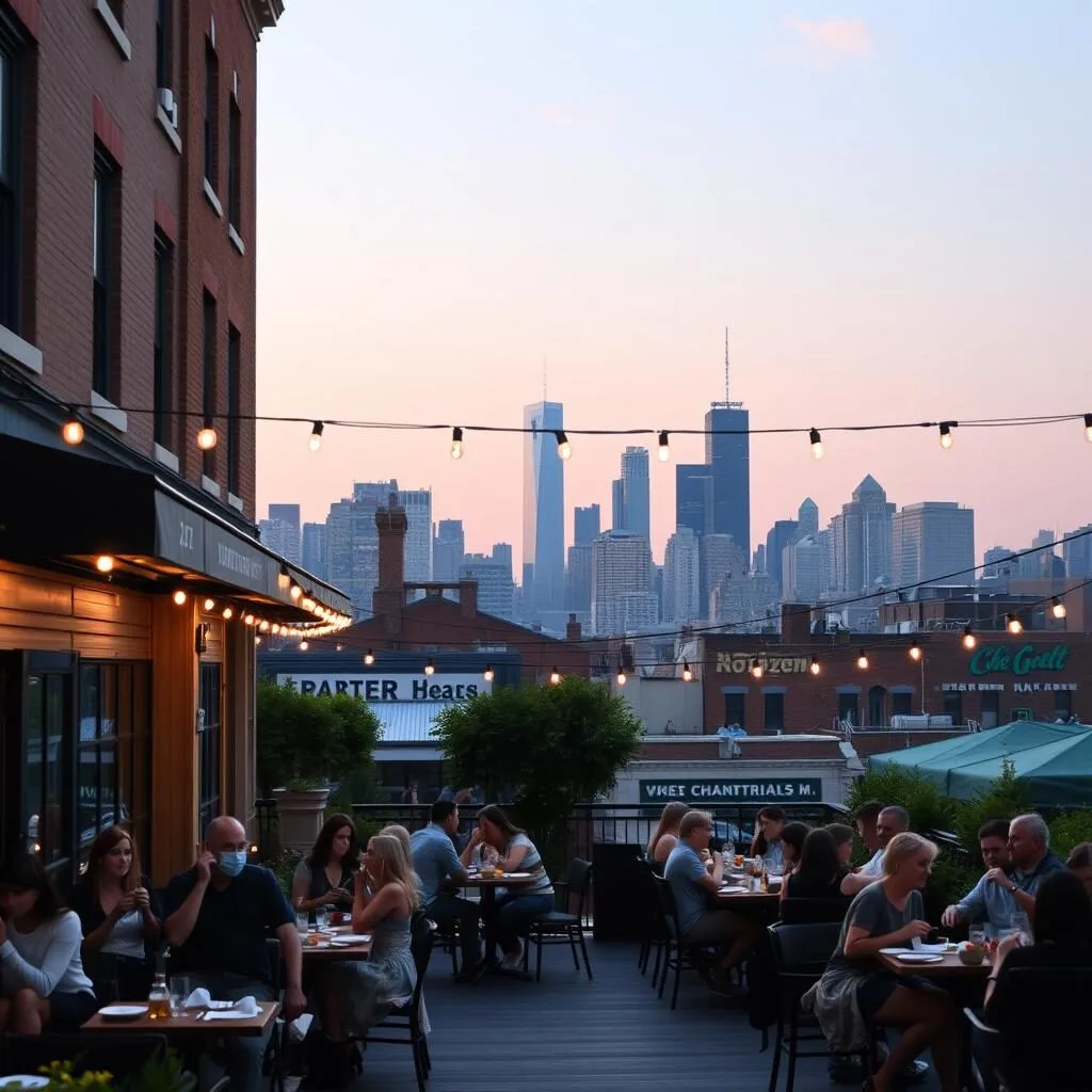 Outdoor dining in Brooklyn Heights with Manhattan skyline view Outdoor dining in Brooklyn Heights with Manhattan skyline view