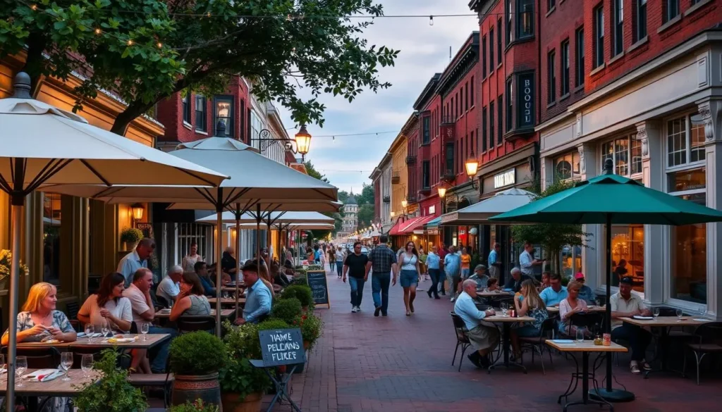 Outdoor dining on Broadway in downtown Saratoga Springs with restaurants and shops Outdoor dining on Broadway in downtown Saratoga Springs with restaurants and shops