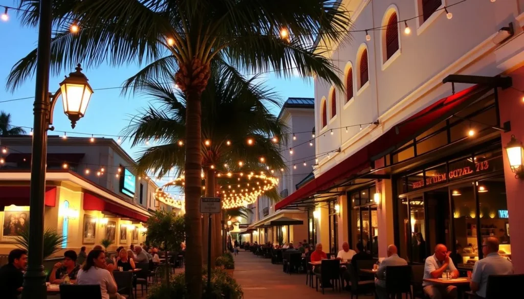 Outdoor dining on Clematis Street in West Palm Beach with palm trees and string lights