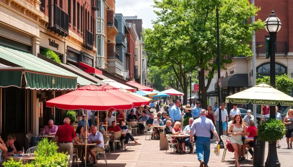 Outdoor dining scene on Bloomfield Avenue in Montclair with restaurants and patrons enjoying meals Outdoor dining scene on Bloomfield Avenue in Montclair with restaurants and patrons enjoying meals