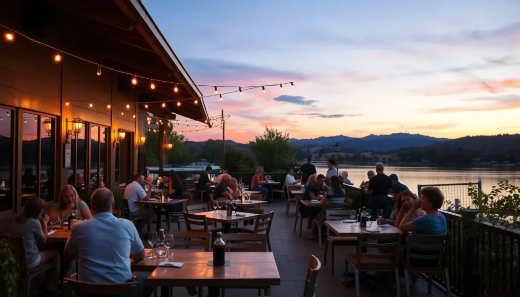 Outdoor dining with lake view at Ducey's Bar and Grill, Bass Lake, Madera County, California Outdoor dining with lake view at Ducey's Bar and Grill, Bass Lake, Madera County, California