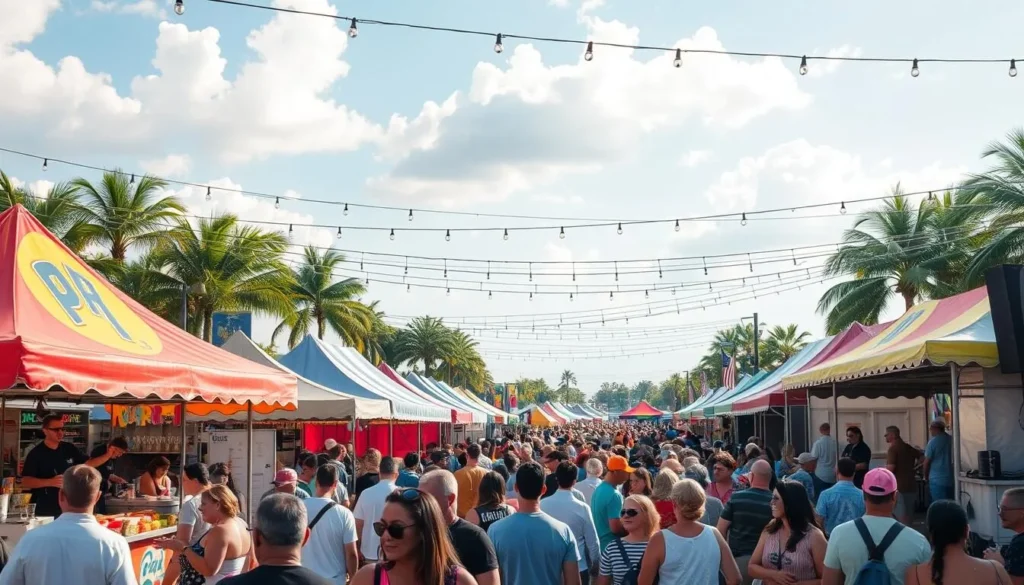 Outdoor festival in Orange County Florida with food vendors, live music, and crowds enjoying the atmosphere Outdoor festival in Orange County Florida with food vendors, live music, and crowds enjoying the atmosphere