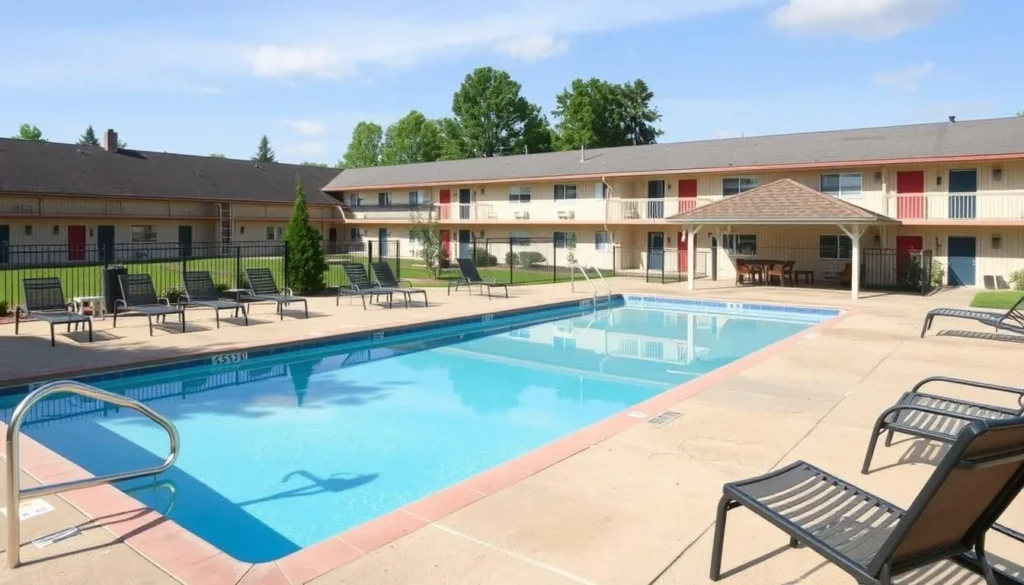 Outdoor pool area at a budget-friendly motel in Lake George, Warren County, NY Outdoor pool area at a budget-friendly motel in Lake George, Warren County, NY