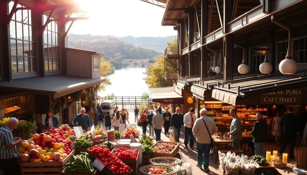 Oxbow Public Market, a charming culinary hub nestled along the serene Napa River. Capture the bustling atmosphere with shoppers browsing vibrant produce stalls and artisanal food vendors, bathed in warm natural light streaming through large windows. Showcasing the region's finest gastronomic offerings, the market's elegant architecture blends industrial and rustic elements, creating an inviting ambiance. In the foreground, a display of locally sourced ingredients tempts passersby, while in the middle ground, diners savor craft cocktails and farm-to-table delicacies at outdoor seating areas. The background features the tranquil river, framed by lush greenery and the picturesque Napa Valley landscape, setting the stage for a perfect day of culinary exploration.