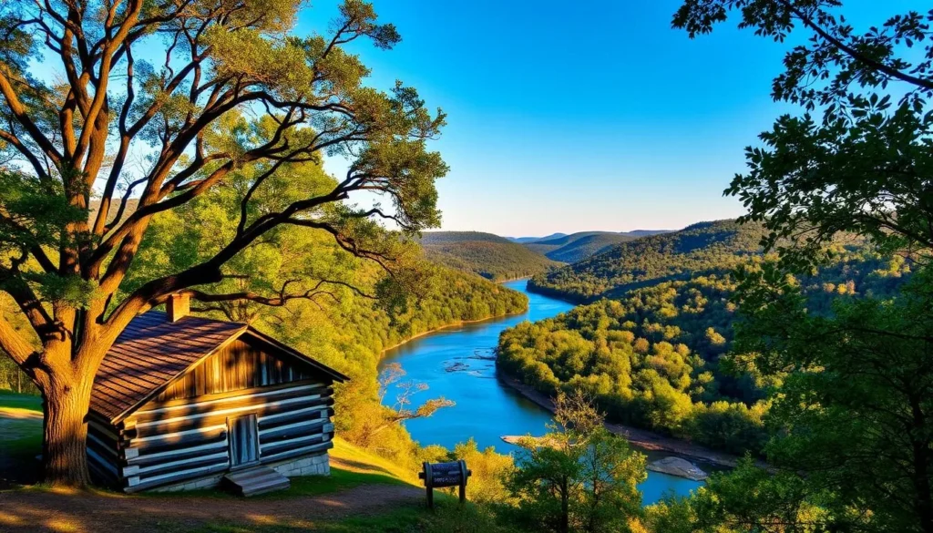 Ozark National Scenic Riverways, a lush landscape dotted with historic sites. In the foreground, a charming log cabin nestled amongst towering oak trees, its weathered facade exuding rustic charm. In the middle ground, a winding river cuts through the verdant hills, its crystal-clear waters reflecting the azure sky. The background features rolling hills and dense forests, creating a picturesque scene. Warm, golden sunlight filters through the leaves, casting a soft, inviting glow over the entire scene. The overall atmosphere is one of tranquility and timelessness, transporting the viewer to a bygone era of frontier life and rich cultural heritage.