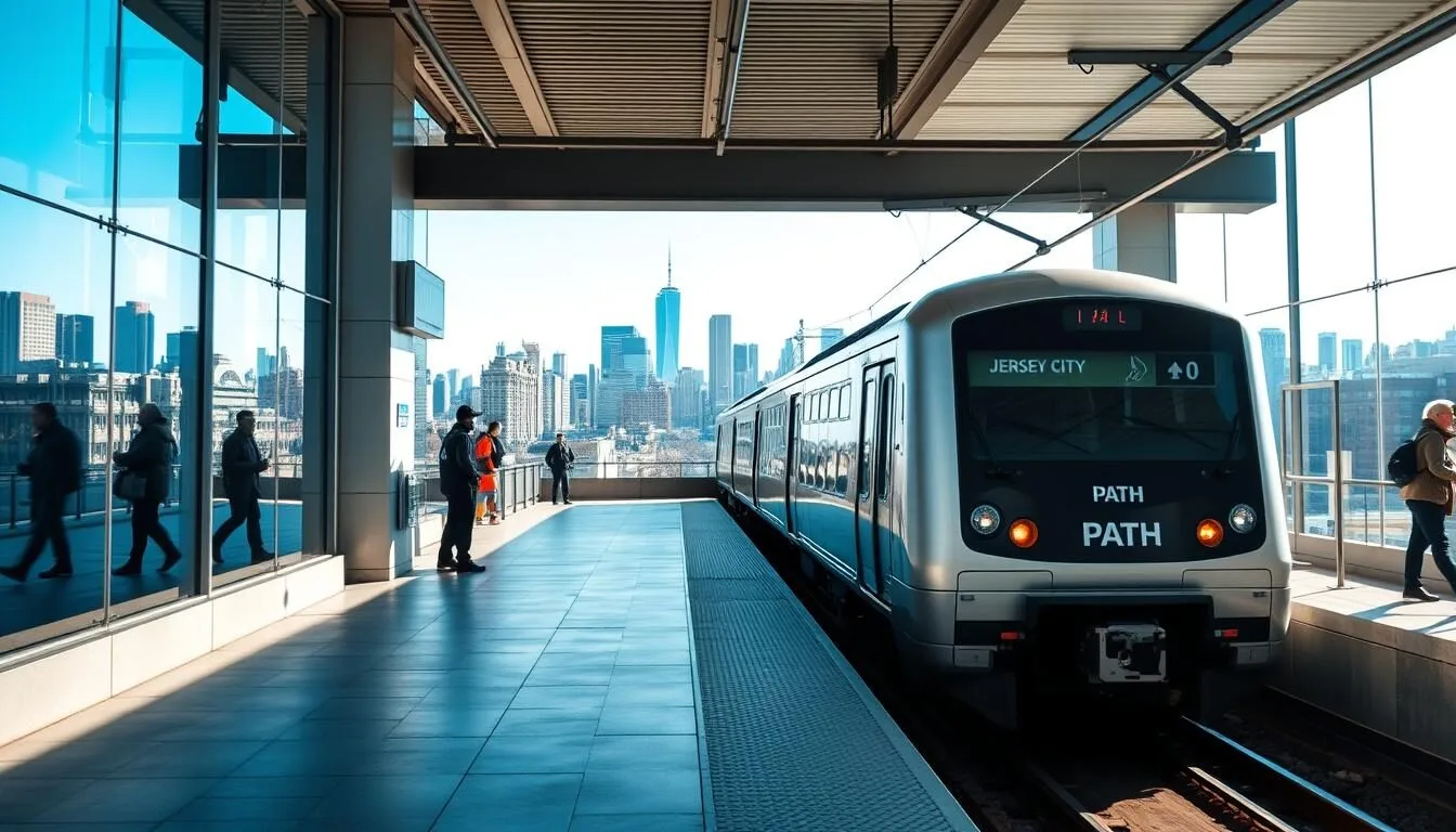 PATH train arriving at Jersey City station with Manhattan skyline in background