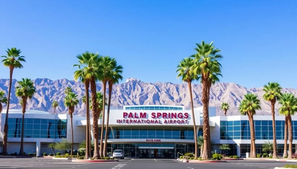 Palm Springs International Airport entrance with palm trees and mountains in the background, Riverside County California Palm Springs International Airport entrance with palm trees and mountains in the background, Riverside County California