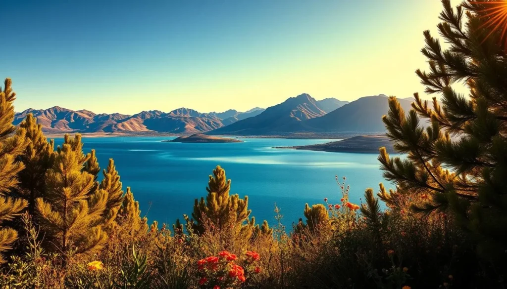 Panoramic lakeside vista, the azure waters of Lake Hennessy reflecting the rugged Sierra Nevada mountains in the distance. Lush green foliage frames the foreground, dotted with vibrant wildflowers. Warm golden sunlight bathes the scene, casting long shadows and creating a serene, picturesque atmosphere. Capture this magnificent landscape using a wide-angle lens to showcase the breathtaking scale and grandeur of the setting. Convey a sense of tranquility and natural beauty that would captivate any viewer.