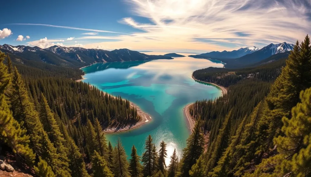 Panoramic landscape of Emerald Bay, Lake Tahoe, California. Lush evergreen forests line the crystal-clear turquoise waters, framed by rocky cliffs and snow-capped peaks. Warm afternoon sunlight filters through wispy clouds, casting a soft glow over the serene scene. A wide-angle lens captures the breathtaking scale and beauty of this natural wonder, inviting the viewer to immerse themselves in the tranquil, picturesque atmosphere.