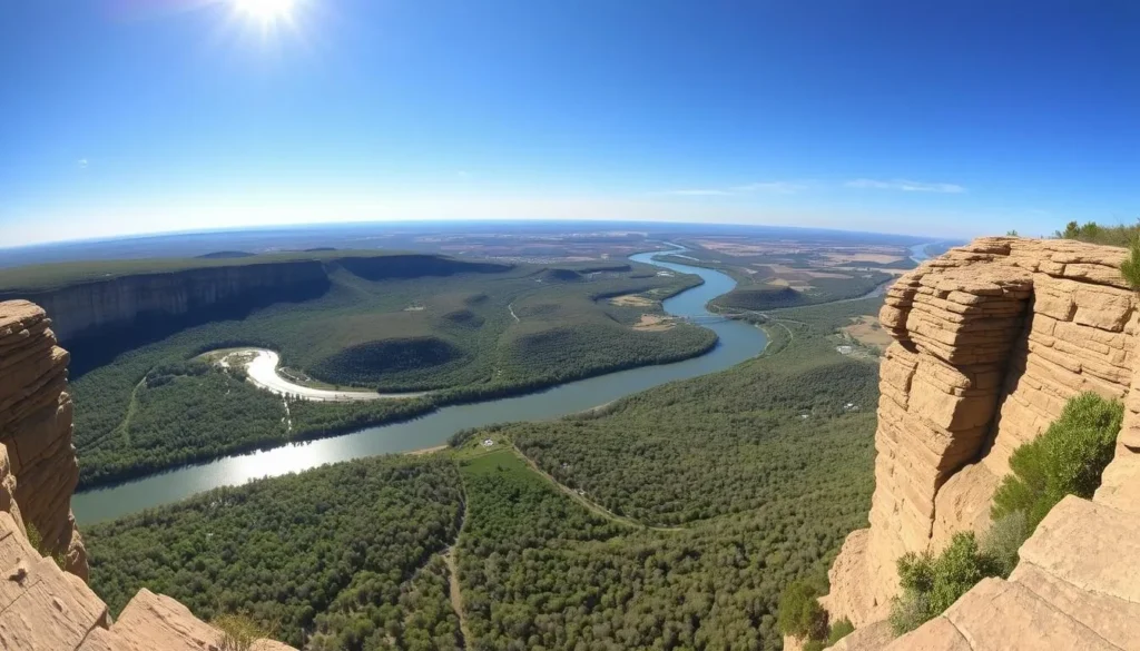 Panoramic view from Pikes Peak State Park overlooking the Mississippi River near Marquette Iowa Panoramic view from Pikes Peak State Park overlooking the Mississippi River near Marquette Iowa
