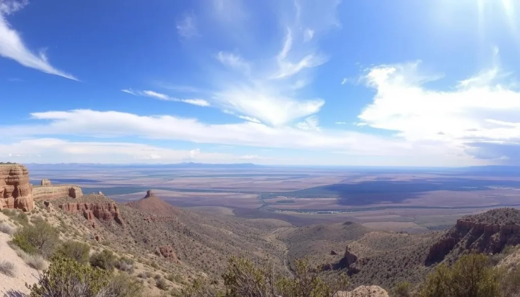 Panoramic view from the Tsankawi section of Bandelier National Monument showing distant mountains Panoramic view from the Tsankawi section of Bandelier National Monument showing distant mountains