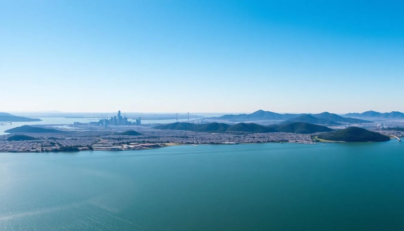 Panoramic view of Alameda County California showing the San Francisco Bay with the city skyline in the background