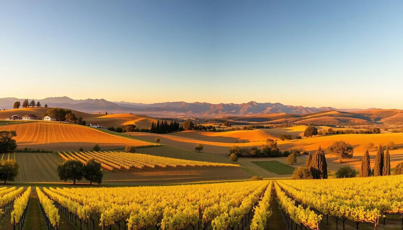 Panoramic view of Amador County California vineyards with rolling hills and Sierra Nevada mountains in the background