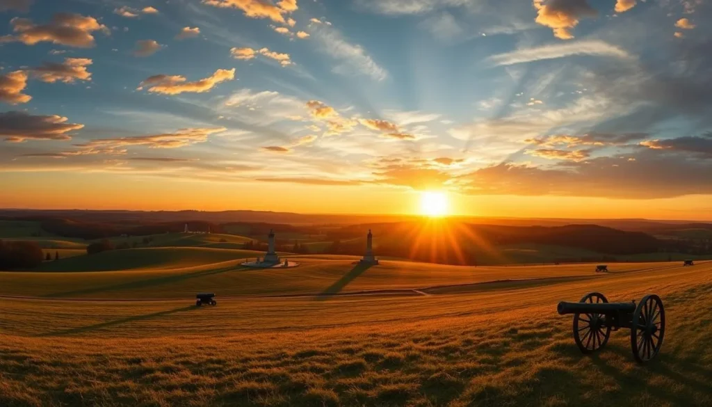 Panoramic view of Antietam National Battlefield Maryland at sunset with monuments and rolling hills Panoramic view of Antietam National Battlefield Maryland at sunset with monuments and rolling hills