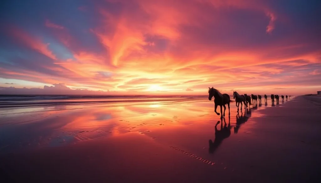Panoramic view of Assateague Island, Delaware at sunset with horses silhouetted against the ocean Panoramic view of Assateague Island, Delaware at sunset with horses silhouetted against the ocean