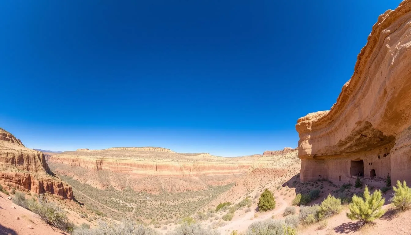 Panoramic view of Bandelier National Monument showing cliff dwellings carved into canyon walls with desert vegetation in foreground