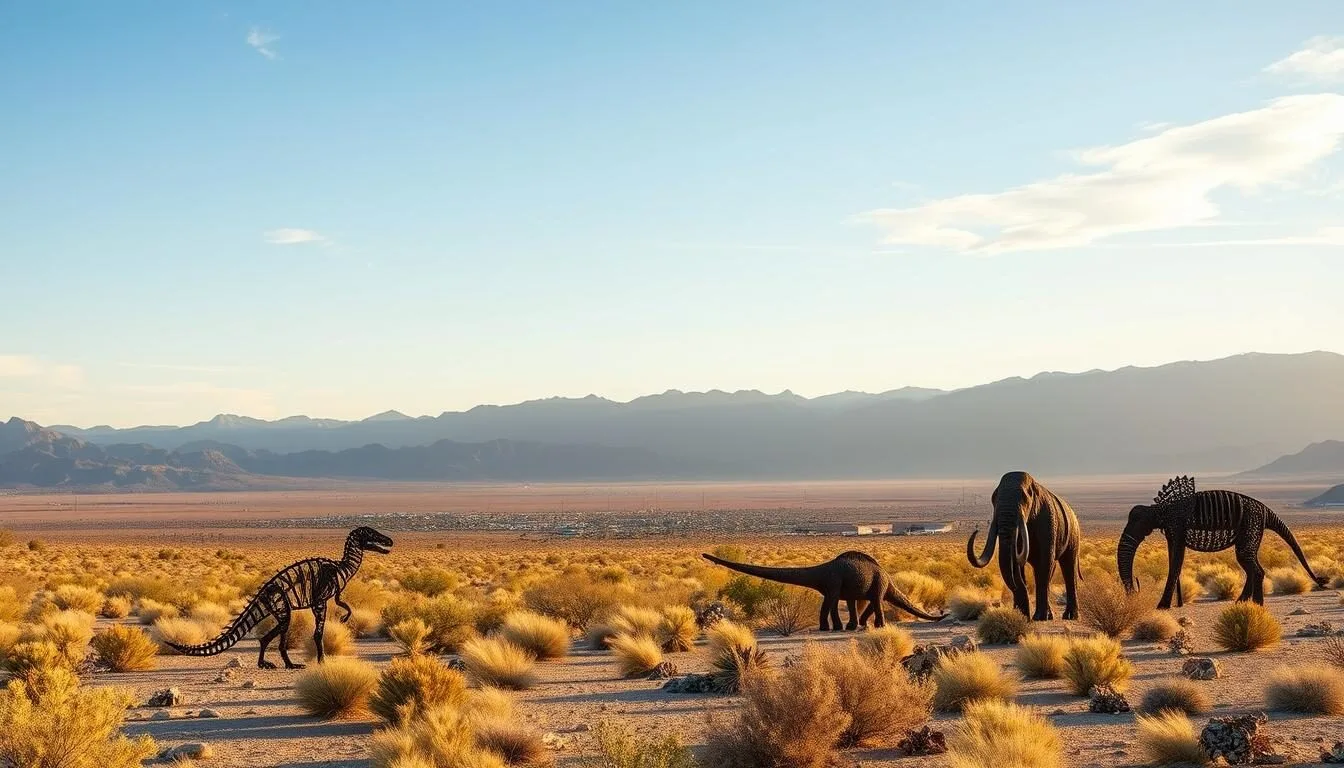 Panoramic view of Borrego Springs desert landscape with mountains in the background and metal sculptures in the foreground