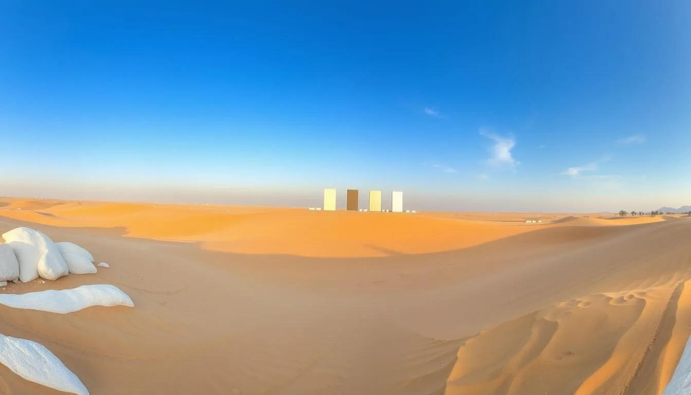 Panoramic view of Brouq Nature Reserve showing the vast desert landscape with Richard Serra's steel plates visible in the distance