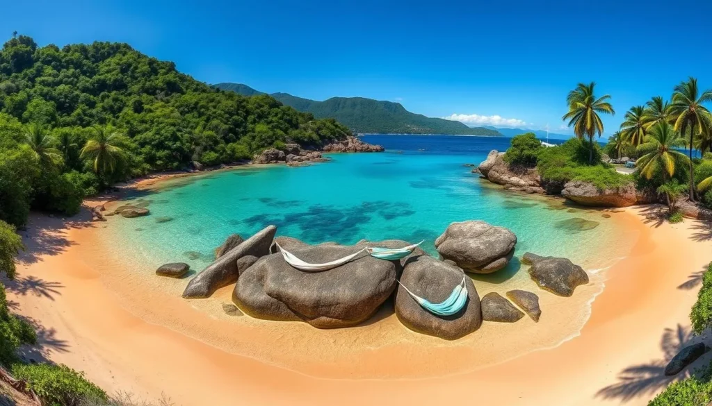 Panoramic view of Cabo San Juan beach with its iconic double bay and rock outcrop Panoramic view of Cabo San Juan beach with its iconic double bay and rock outcrop