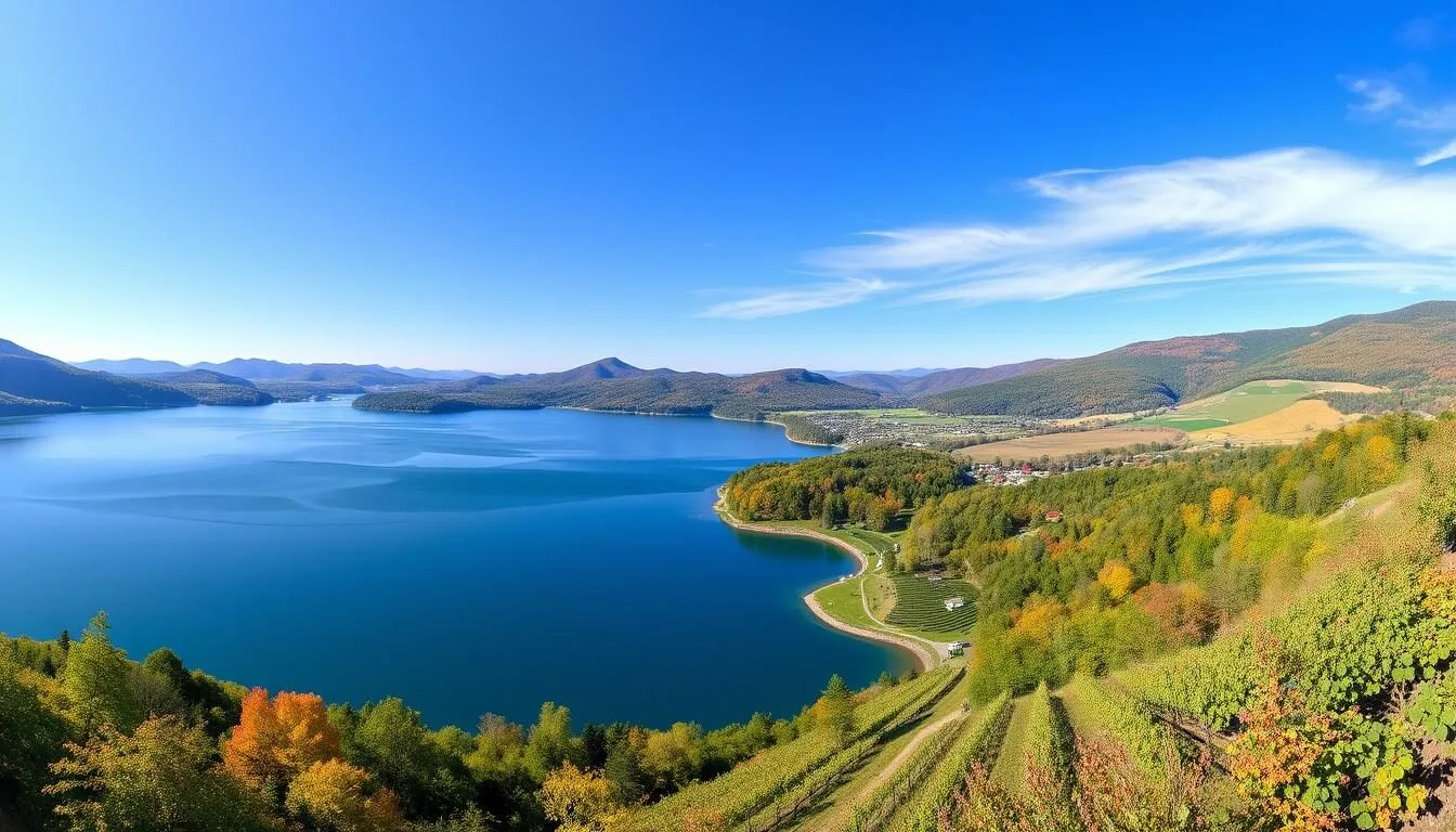 Panoramic view of Canandaigua Lake in Ontario County, New York with rolling hills and vineyards