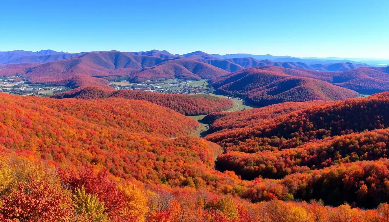Panoramic view of Cattaraugus County's rolling hills and forests in autumn, showcasing the Enchanted Mountains landscape