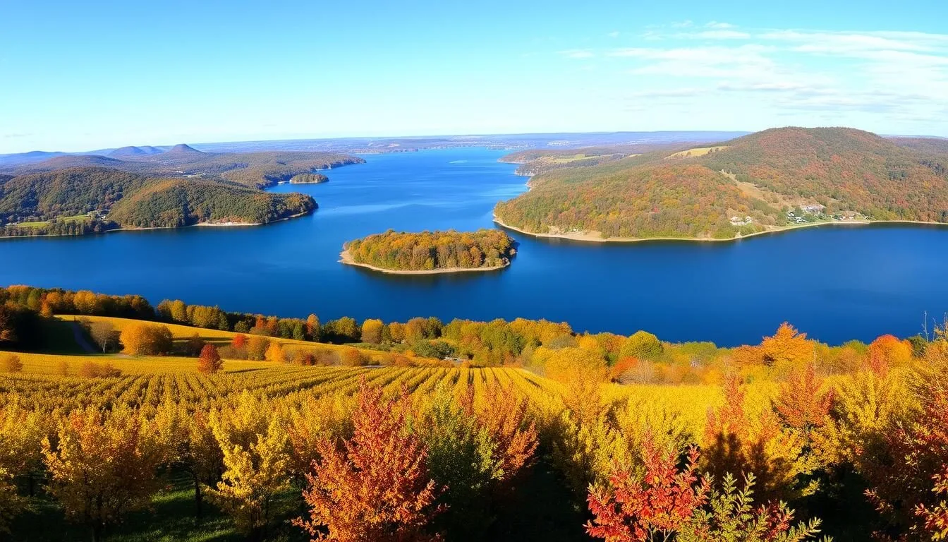 Panoramic view of Cayuga Lake with rolling hills and vineyards in Cayuga County, New York