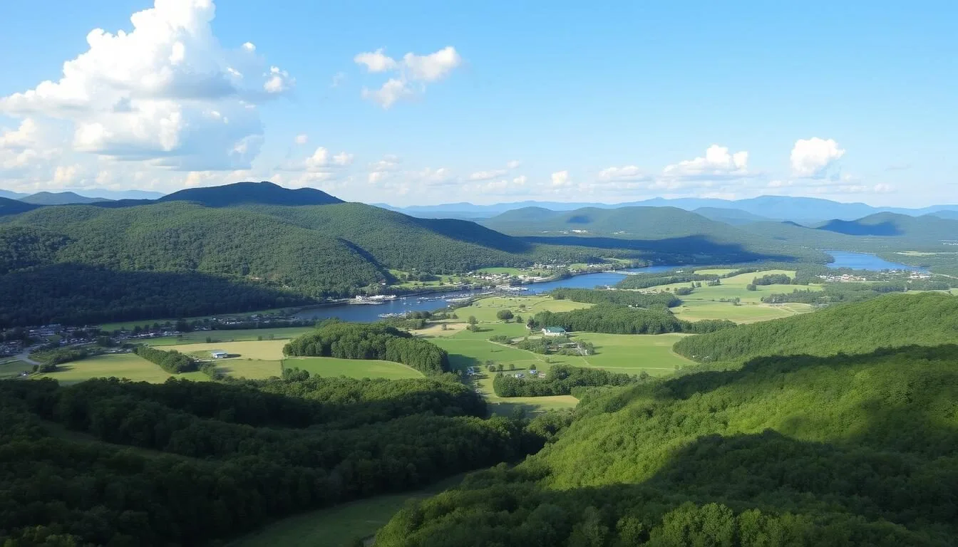 Panoramic view of Columbia County, New York showing the Hudson River valley with rolling hills and farmland on a sunny day