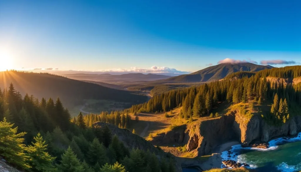 Panoramic view of Del Norte County showing redwoods, mountains, and coastline Panoramic view of Del Norte County showing redwoods, mountains, and coastline