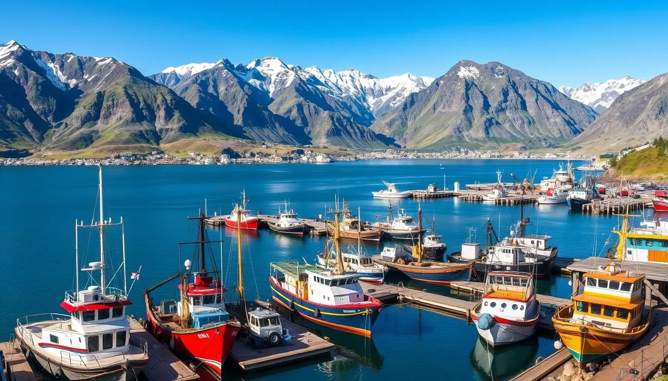 Panoramic view of Dutch Harbor, Alaska with fishing boats and mountains in the background on a clear day