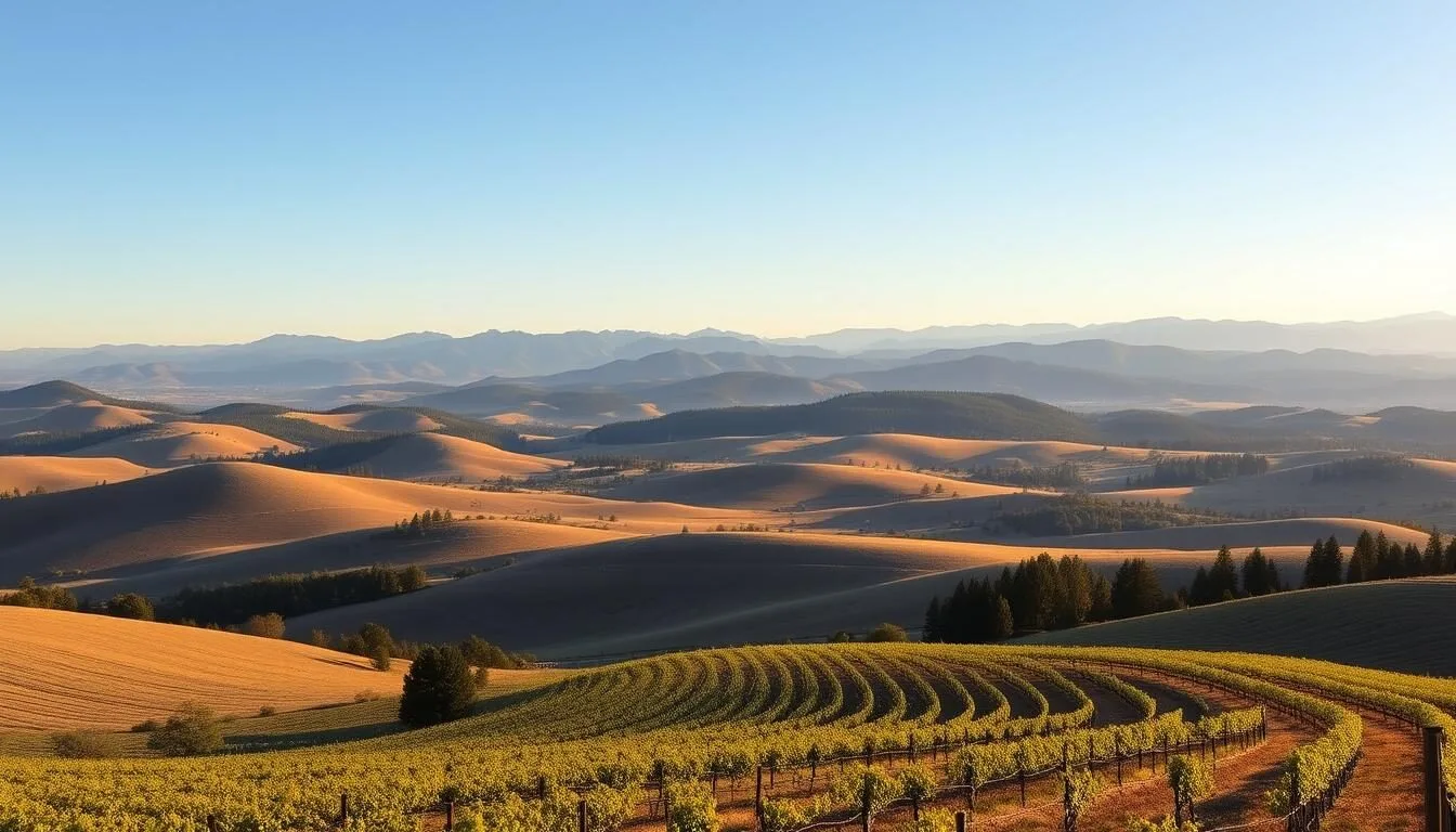Panoramic view of El Dorado County California showing the diverse landscape from vineyards to mountains
