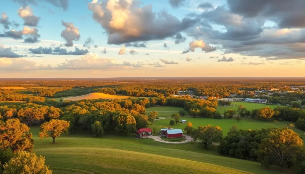 Panoramic view of Gadsden County countryside with rolling hills and historic buildings Panoramic view of Gadsden County countryside with rolling hills and historic buildings
