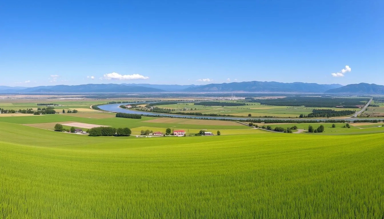 Panoramic view of Glenn County's agricultural landscape with the Sacramento River and Mendocino mountains in the background