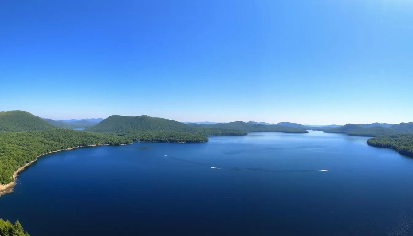 Panoramic view of Great Sacandaga Lake in Fulton County, New York with mountains in the background