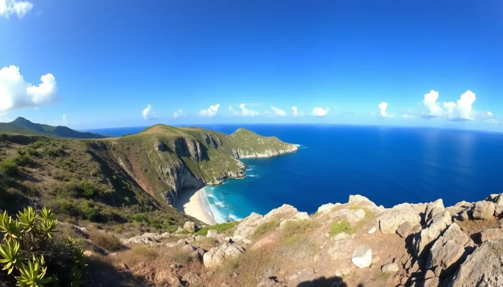 Panoramic view of Indian Town National Park coastline in Antigua and Barbuda showing rugged cliffs and Atlantic Ocean Panoramic view of Indian Town National Park coastline in Antigua and Barbuda showing rugged cliffs and Atlantic Ocean