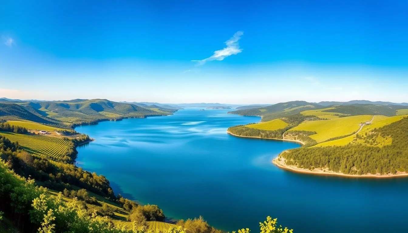 Panoramic view of Keuka Lake in Yates County, New York with vineyards in the foreground and rolling hills in the background