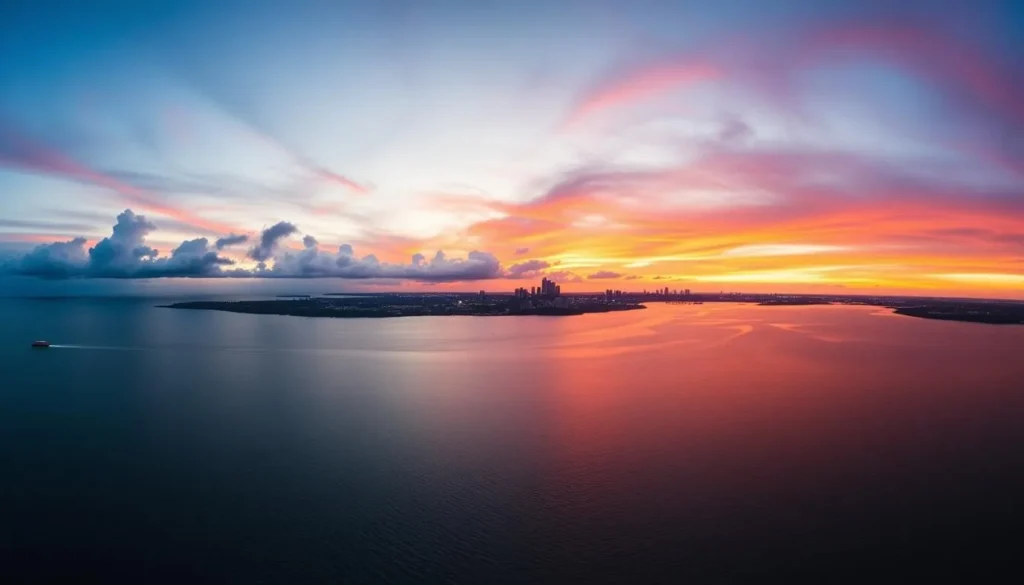 Panoramic view of Lake Pontchartrain at sunset with New Orleans skyline in the distance Panoramic view of Lake Pontchartrain at sunset with New Orleans skyline in the distance