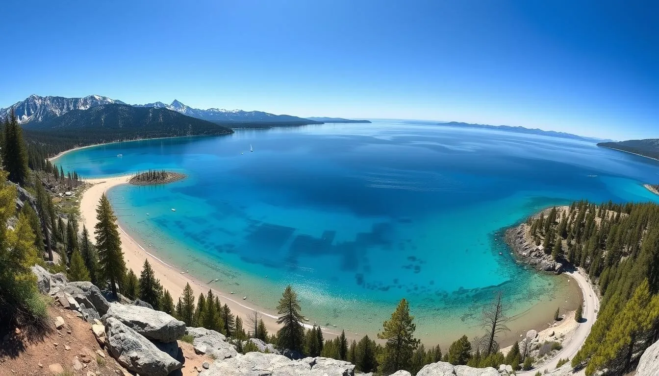 Panoramic view of Lake Tahoe's crystal clear turquoise waters surrounded by snow-capped mountains on a sunny day