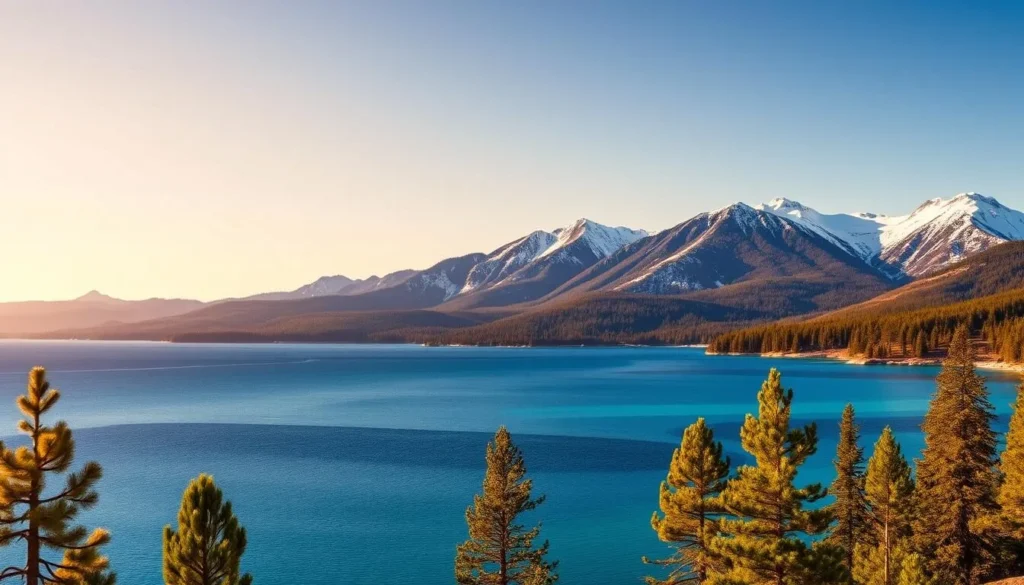 Panoramic view of Lake Tahoe's shoreline in Placer County, California with crystal blue waters and surrounding mountains Panoramic view of Lake Tahoe's shoreline in Placer County, California with crystal blue waters and surrounding mountains