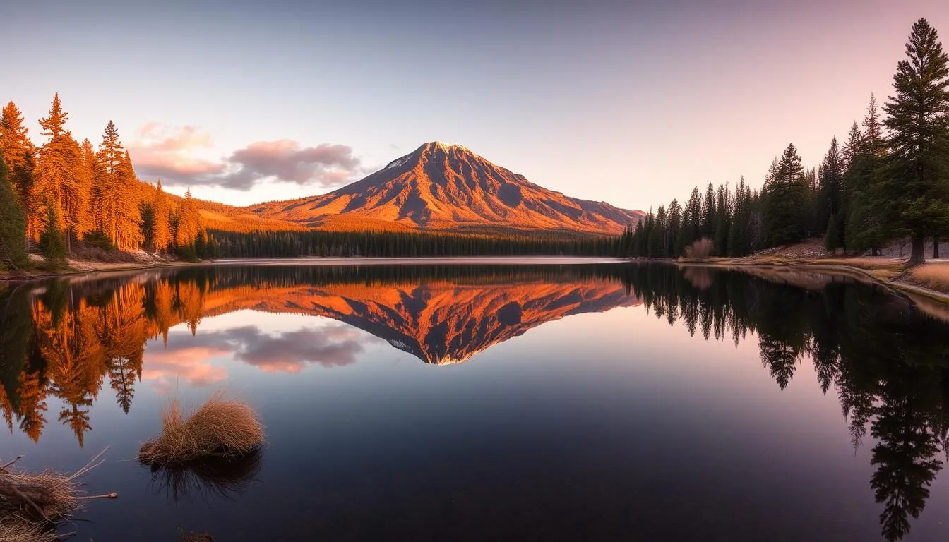 Panoramic view of Lassen Peak reflecting in Manzanita Lake at sunset, showing the volcanic mountain surrounded by pine forests with golden light on the water's surface